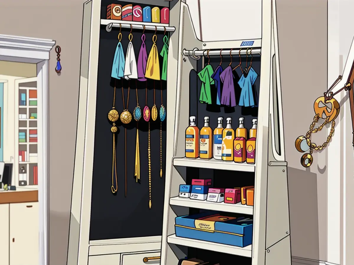 Displayed items within a bedroom space: Earrings, necklaces, and cosmetic products showcased on an...