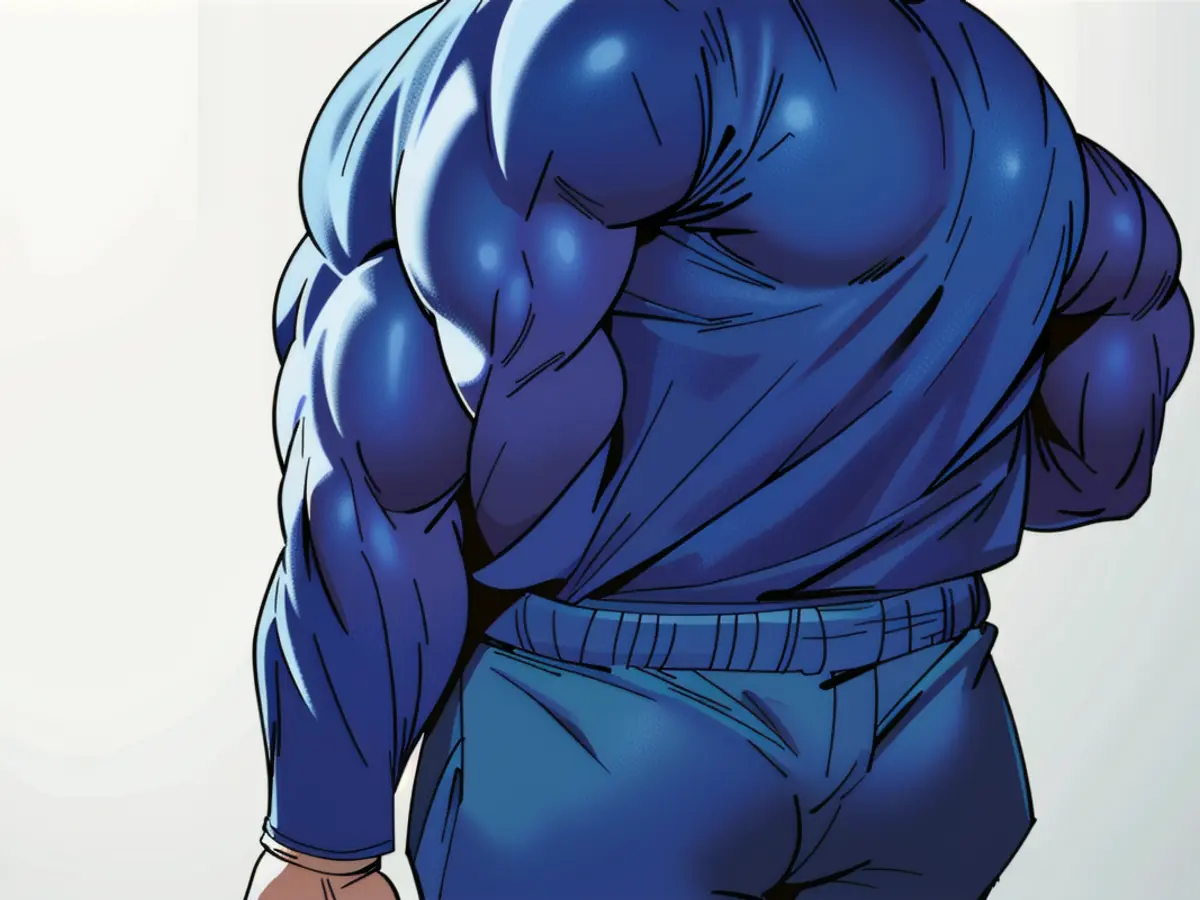 Individual in a casual setting, dressed in a blue hoodie with the hood up and baggy jeans, with his back turned.