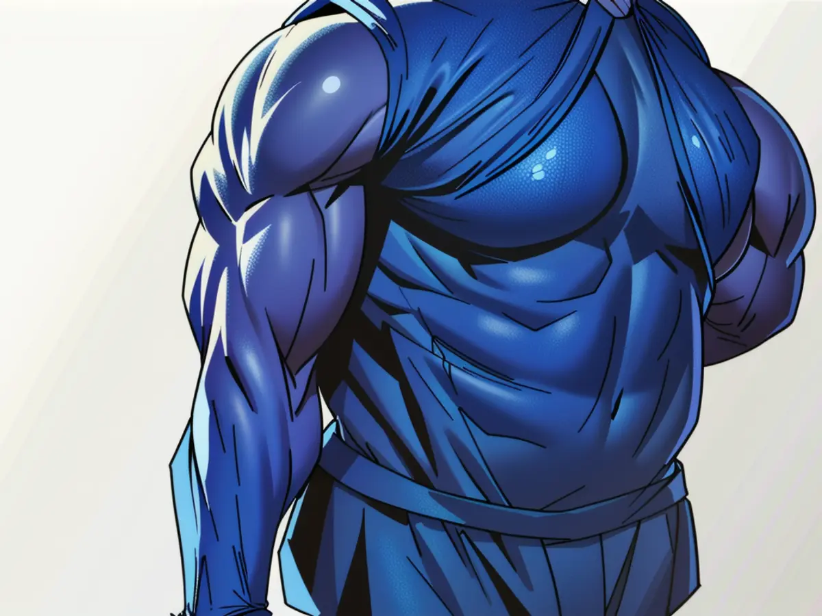 Individual sporting a blue hoodie with the hood raised and loose-fitting jeans, casually positioned in a relaxed environment, with back turned.